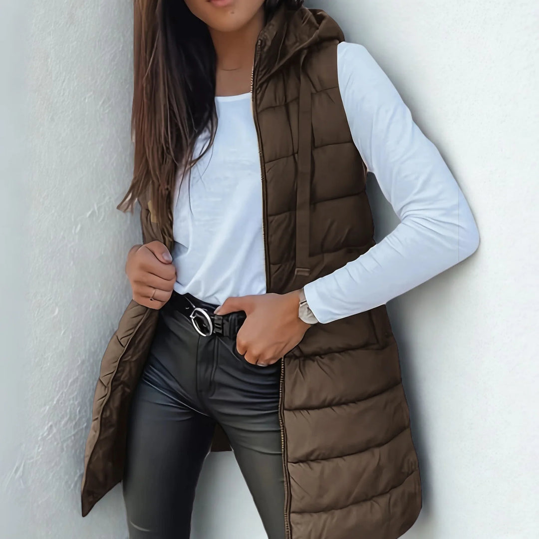 RAIN |  CASUAL SLEEVELESS HOOD LONG PUFFER VEST