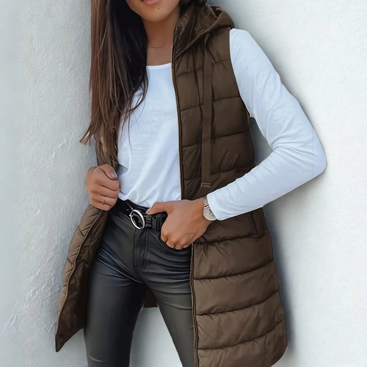 RAIN |  CASUAL SLEEVELESS HOOD LONG PUFFER VEST