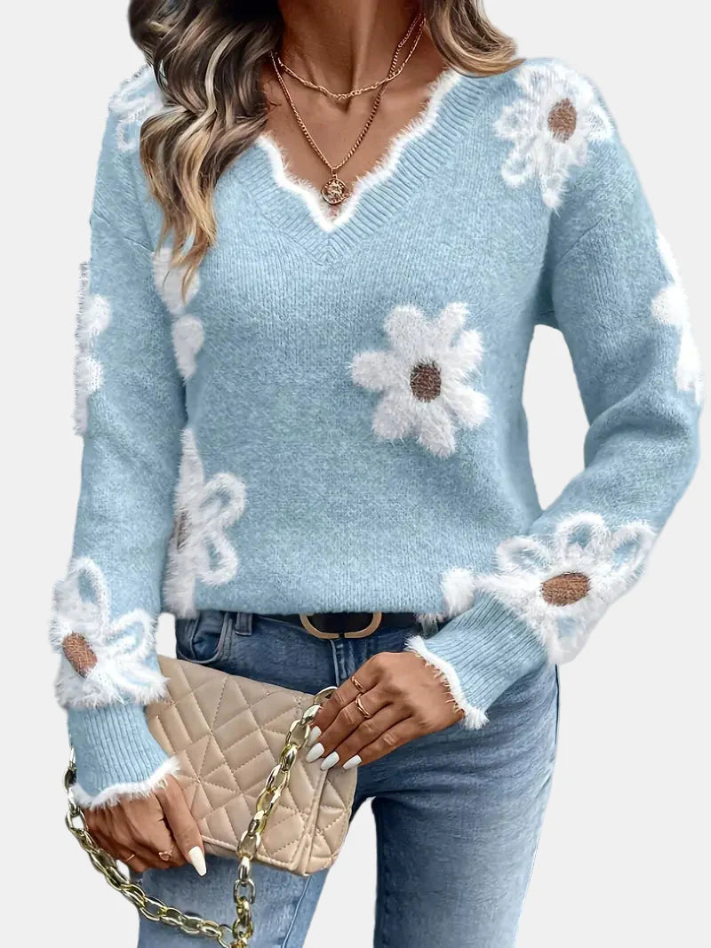 ELISE | ELEGANT V-NECK FLORAL SWEATER
