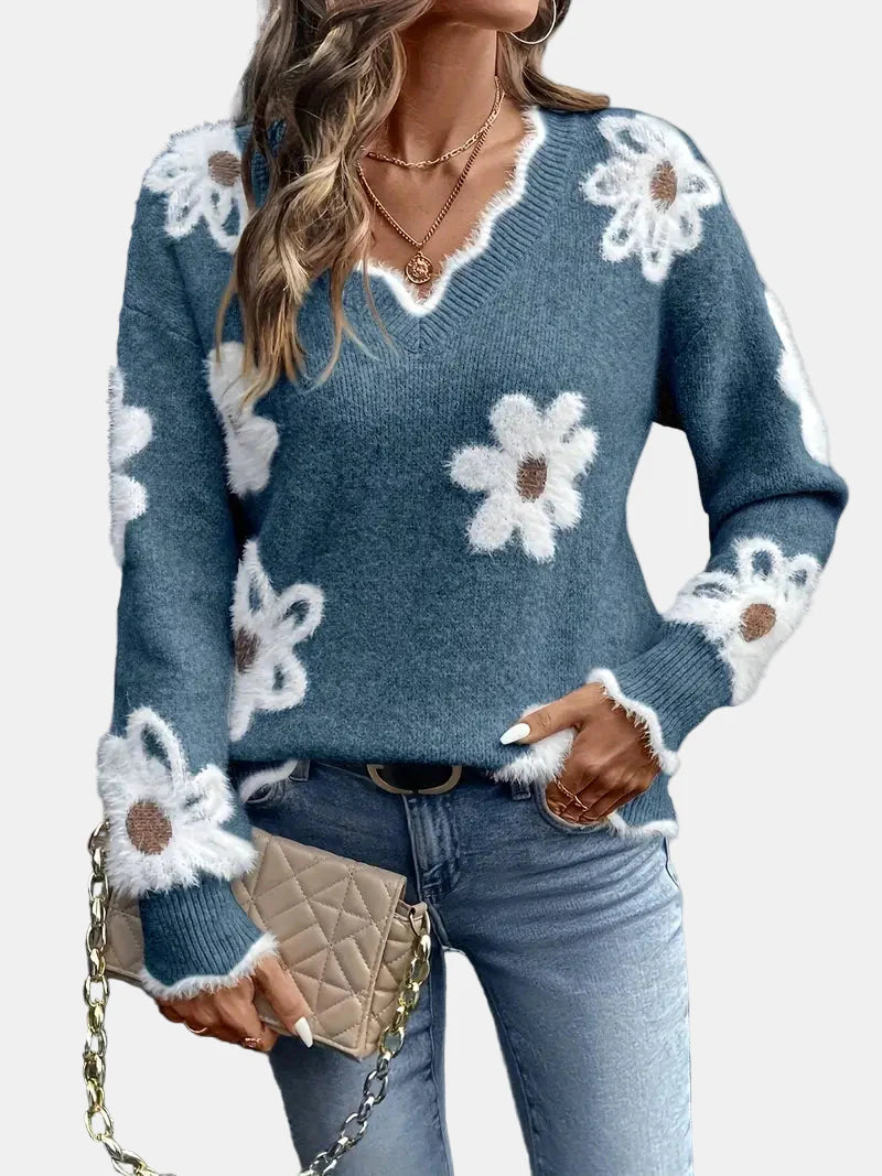 ELISE | ELEGANT V-NECK FLORAL SWEATER