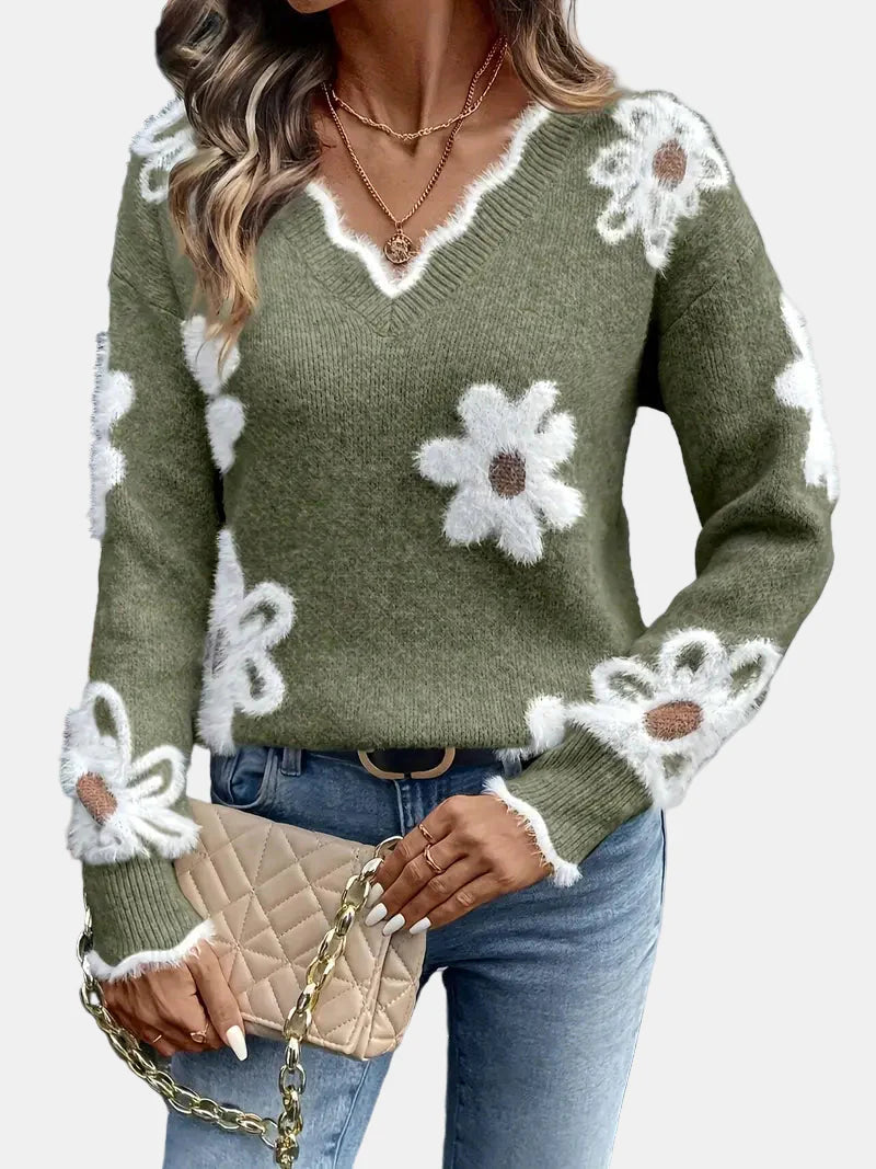 ELISE | ELEGANT V-NECK FLORAL SWEATER
