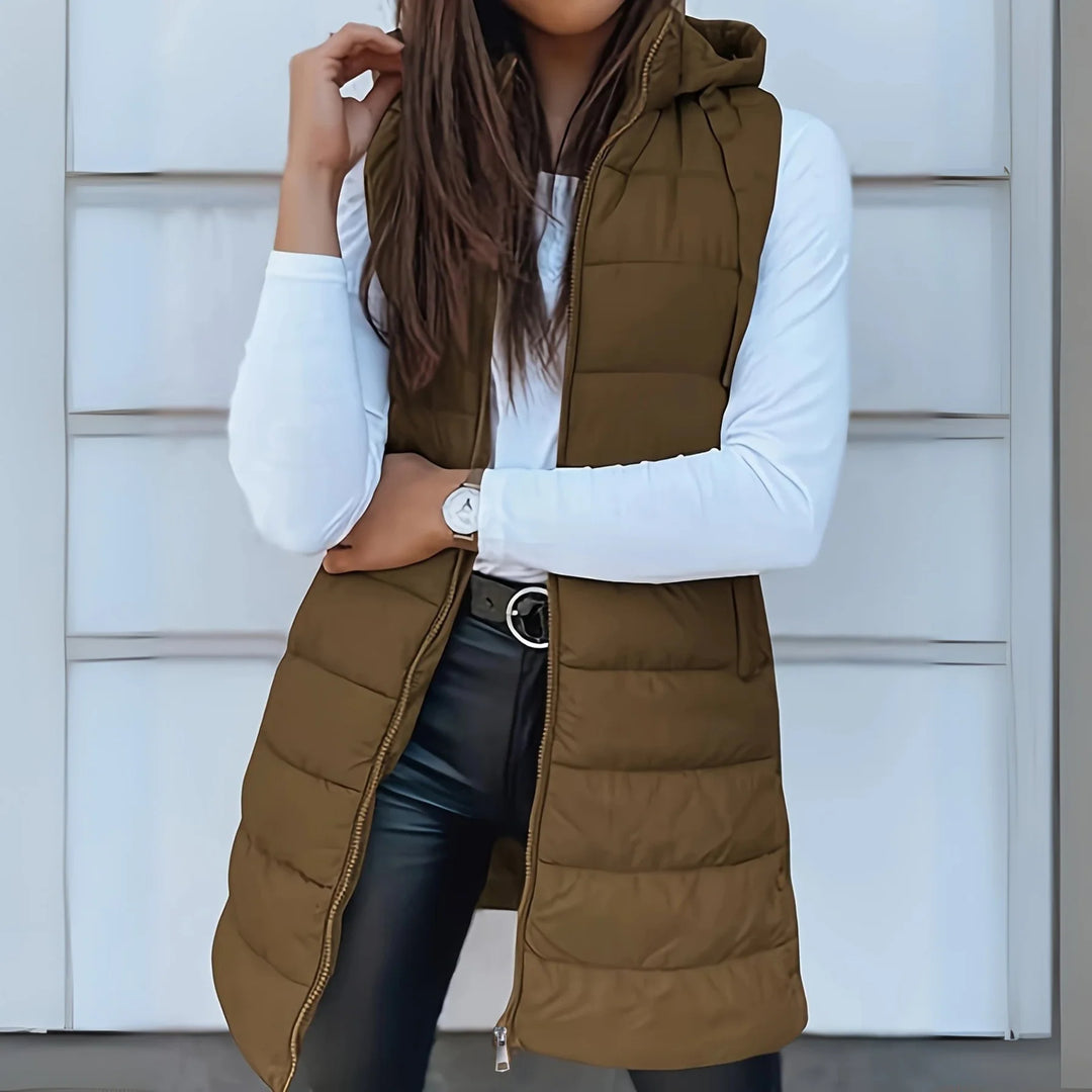 RAIN |  CASUAL SLEEVELESS HOOD LONG PUFFER VEST