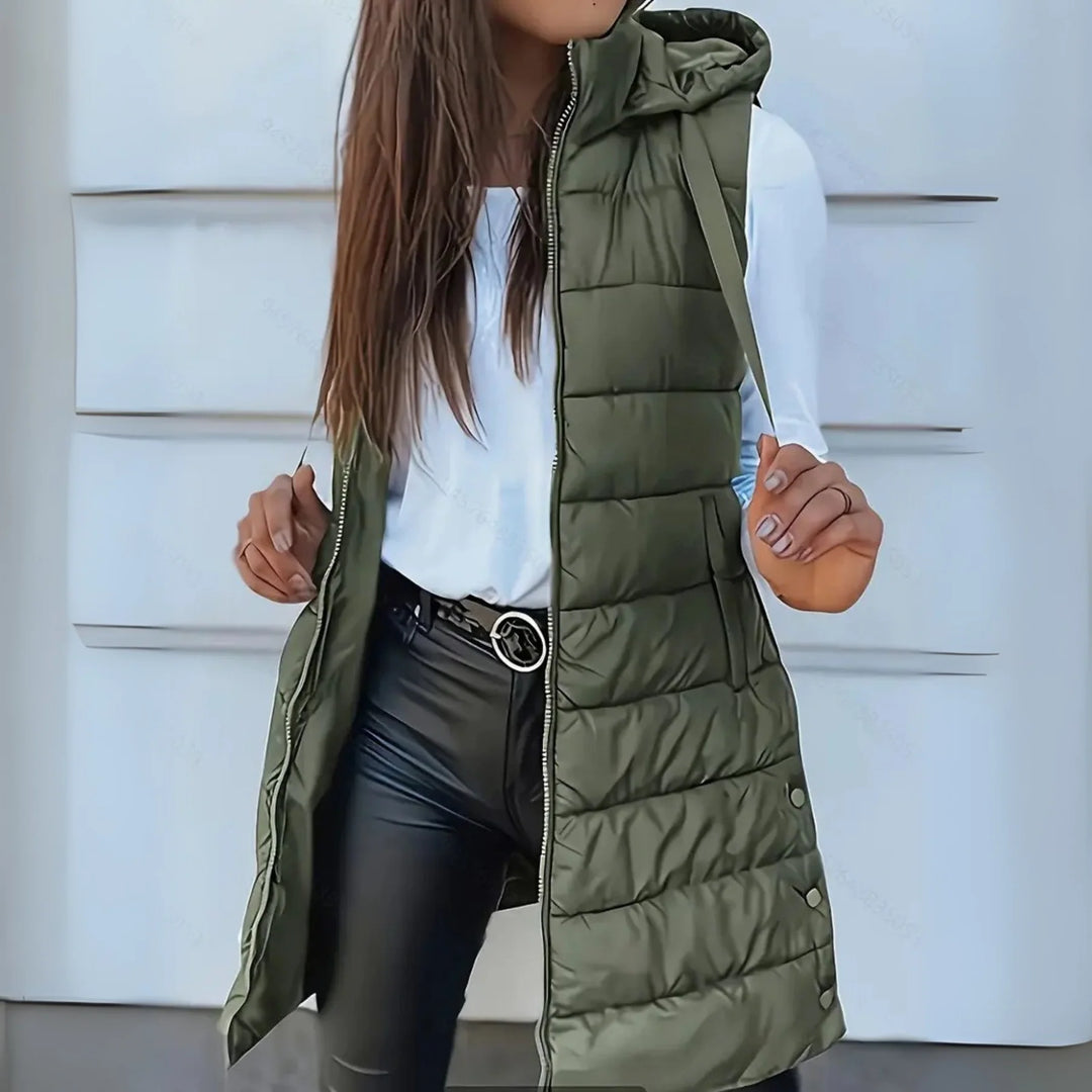 RAIN |  CASUAL SLEEVELESS HOOD LONG PUFFER VEST