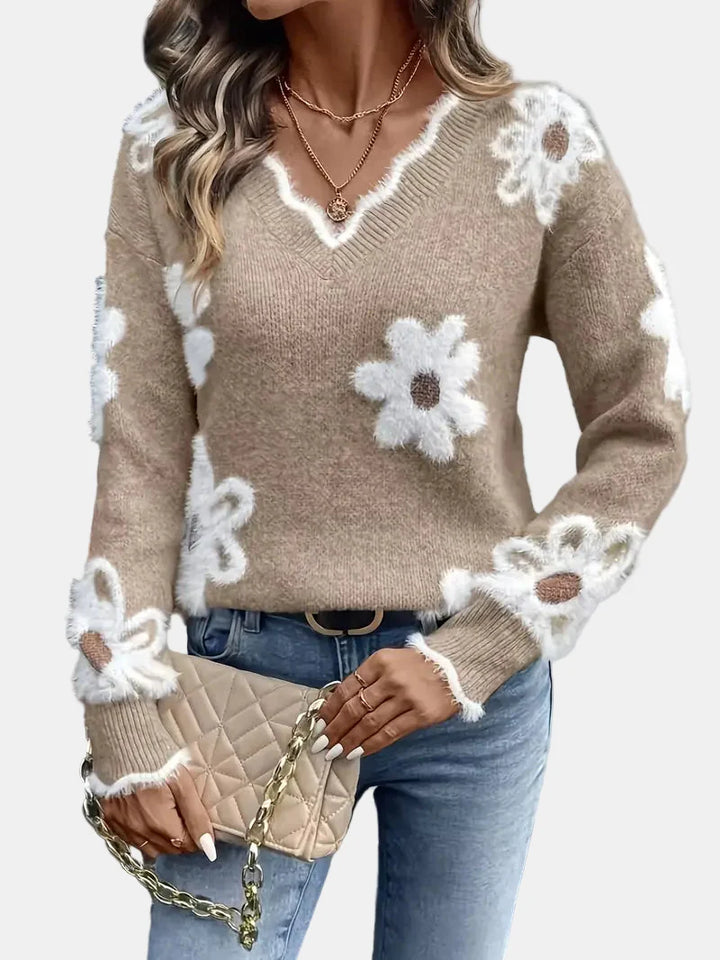ELISE | ELEGANT V-NECK FLORAL SWEATER