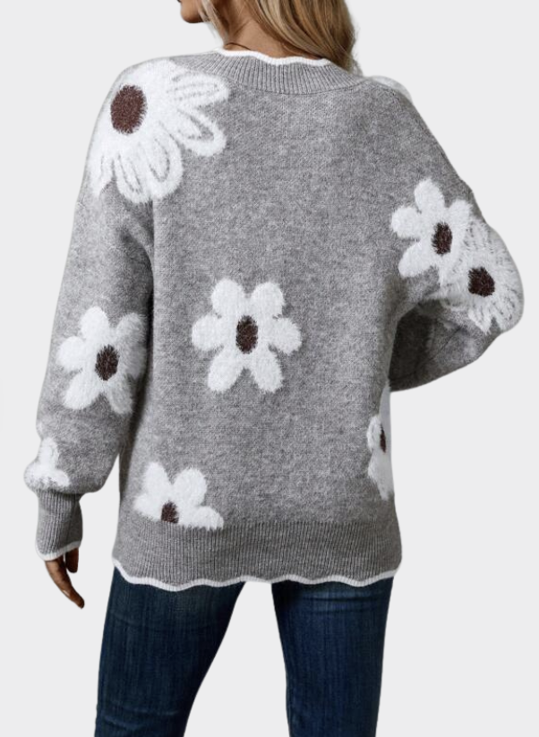 ELISE | ELEGANT V-NECK FLORAL SWEATER