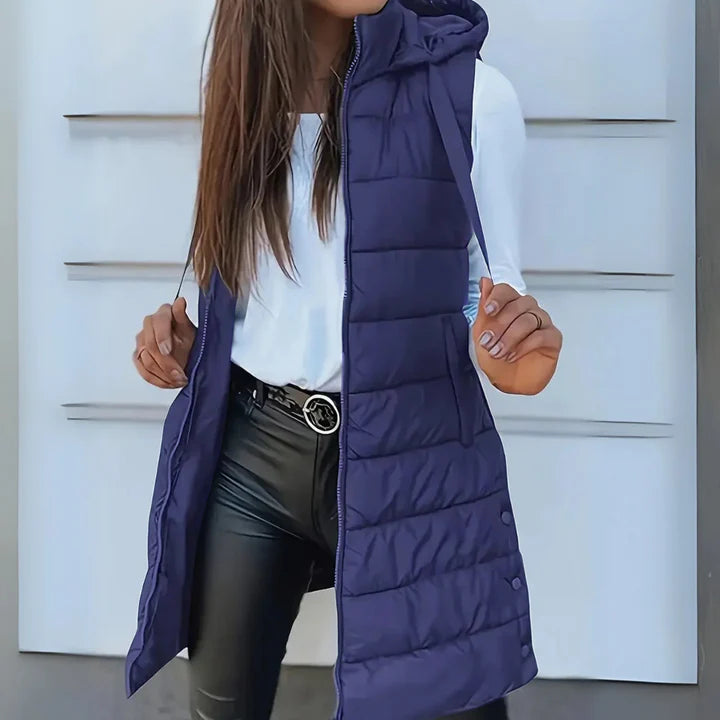 RAIN |  CASUAL SLEEVELESS HOOD LONG PUFFER VEST